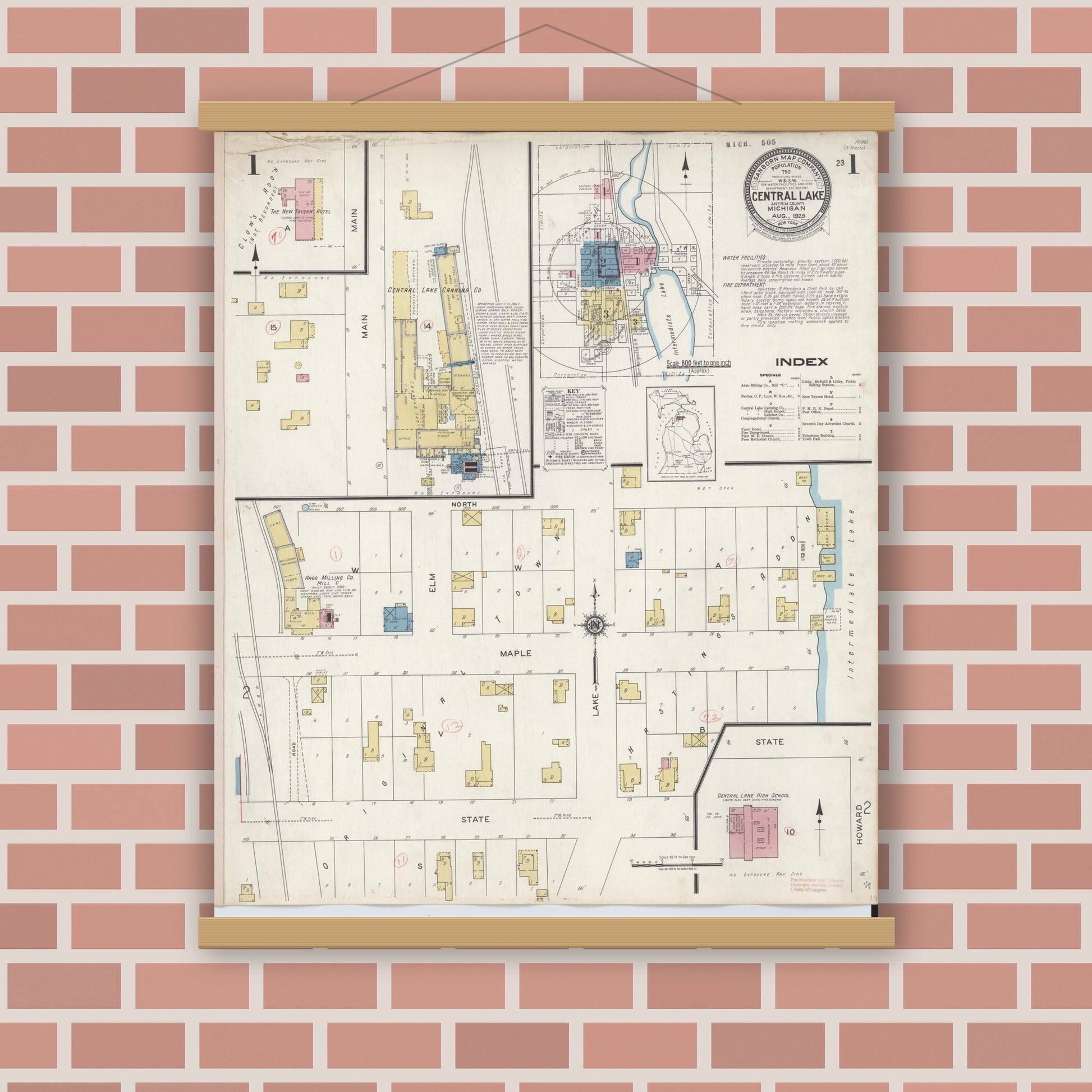 Old map wall art mockup — magnetic wood frame on brick wall — Sanborn Fire Insurance Map from Central Lake, Antrim County, Michigan (1929), Sheet #0001