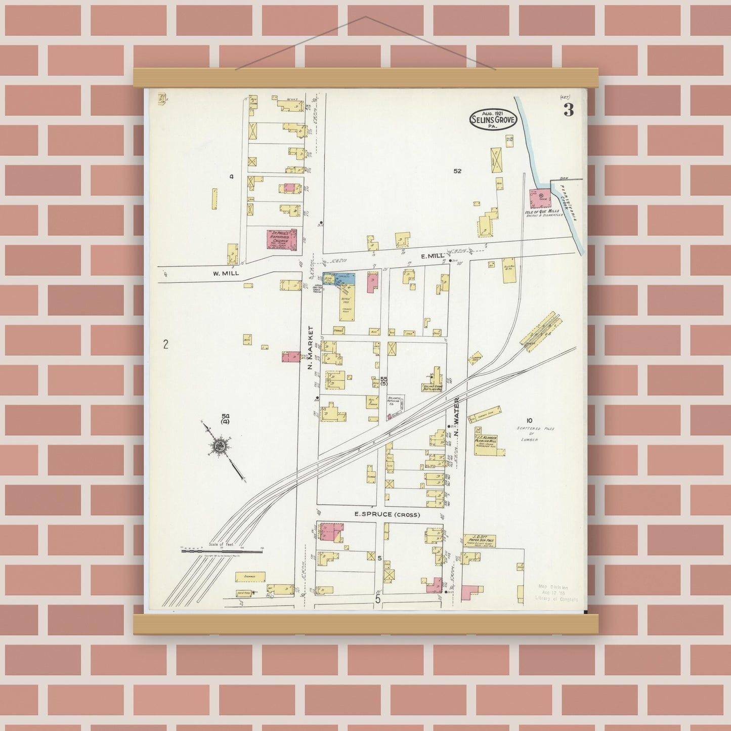 Old map wall art mockup — magnetic wood frame on brick wall — Sanborn Fire Insurance Map from Selins Grove, Snyder County, Pennsylvania (1921), Sheet #0003