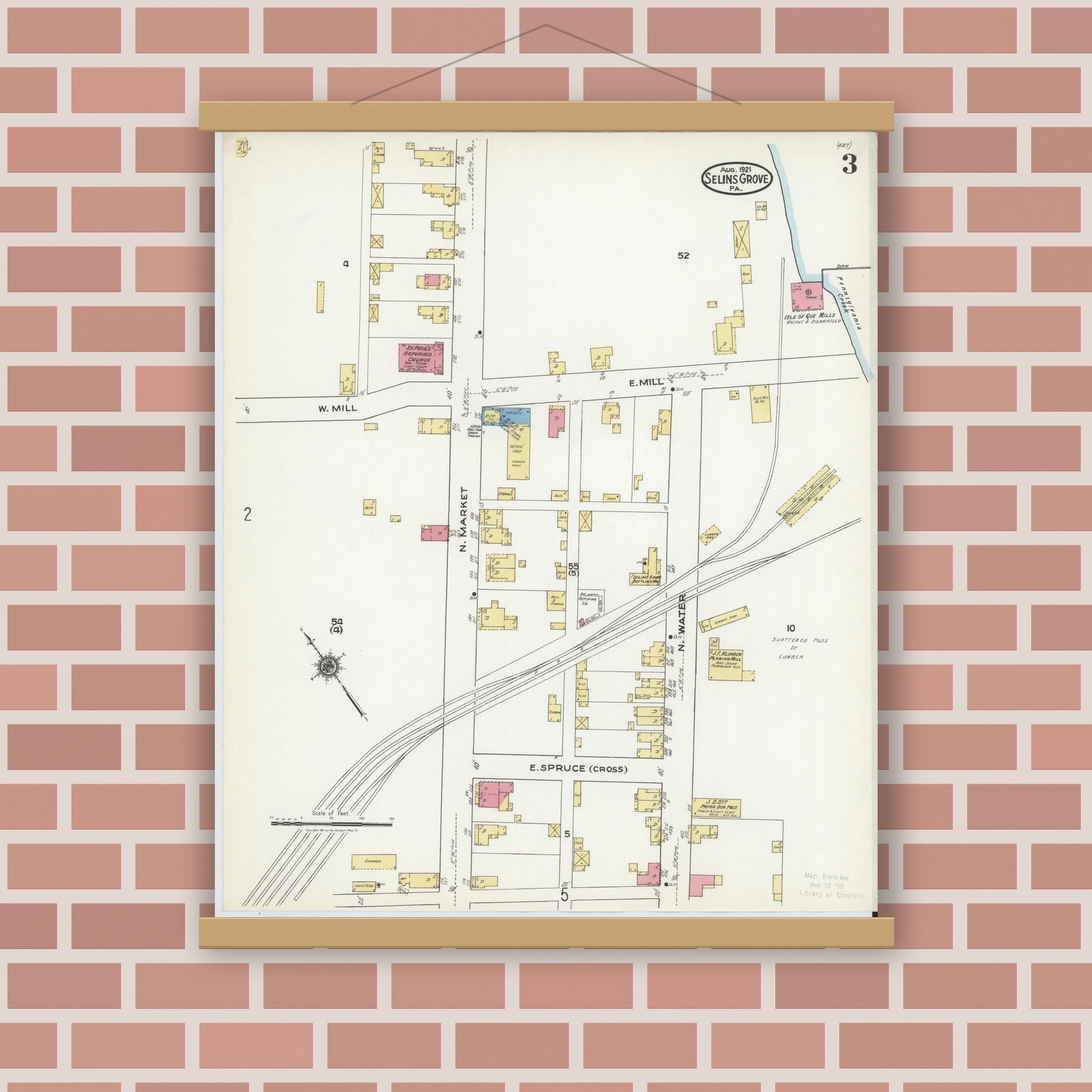 Old map wall art mockup — magnetic wood frame on brick wall — Sanborn Fire Insurance Map from Selins Grove, Snyder County, Pennsylvania (1921), Sheet #0003