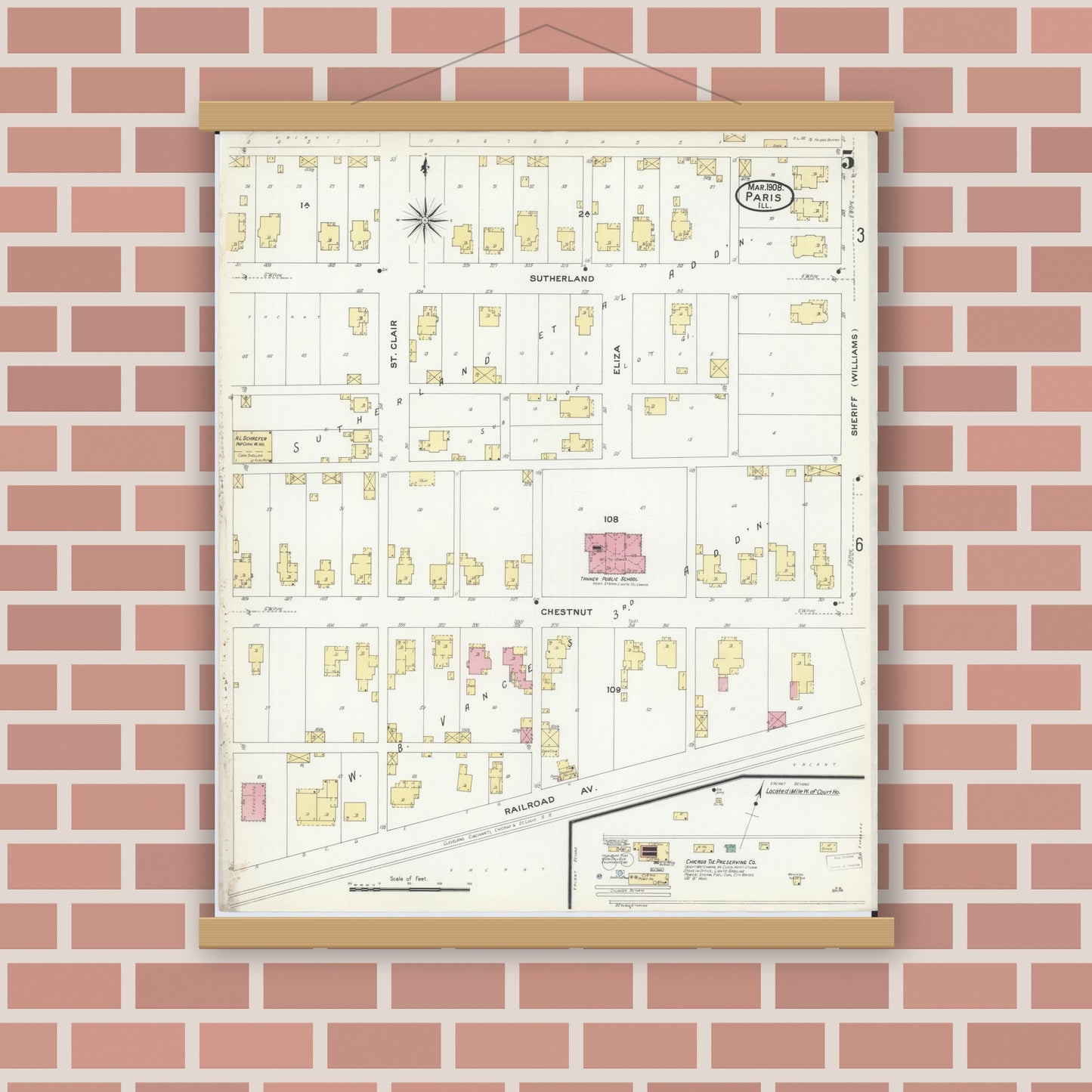 Old map wall art mockup — magnetic wood frame on brick wall — Sanborn Fire Insurance Map from Paris, Edgar County, Illinois (1908), Sheet #0005