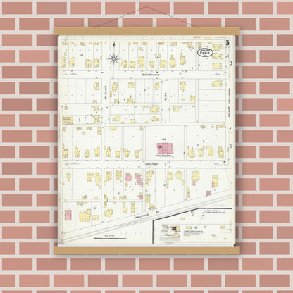 Old map wall art mockup — magnetic wood frame on brick wall — Sanborn Fire Insurance Map from Paris, Edgar County, Illinois (1908), Sheet #0005