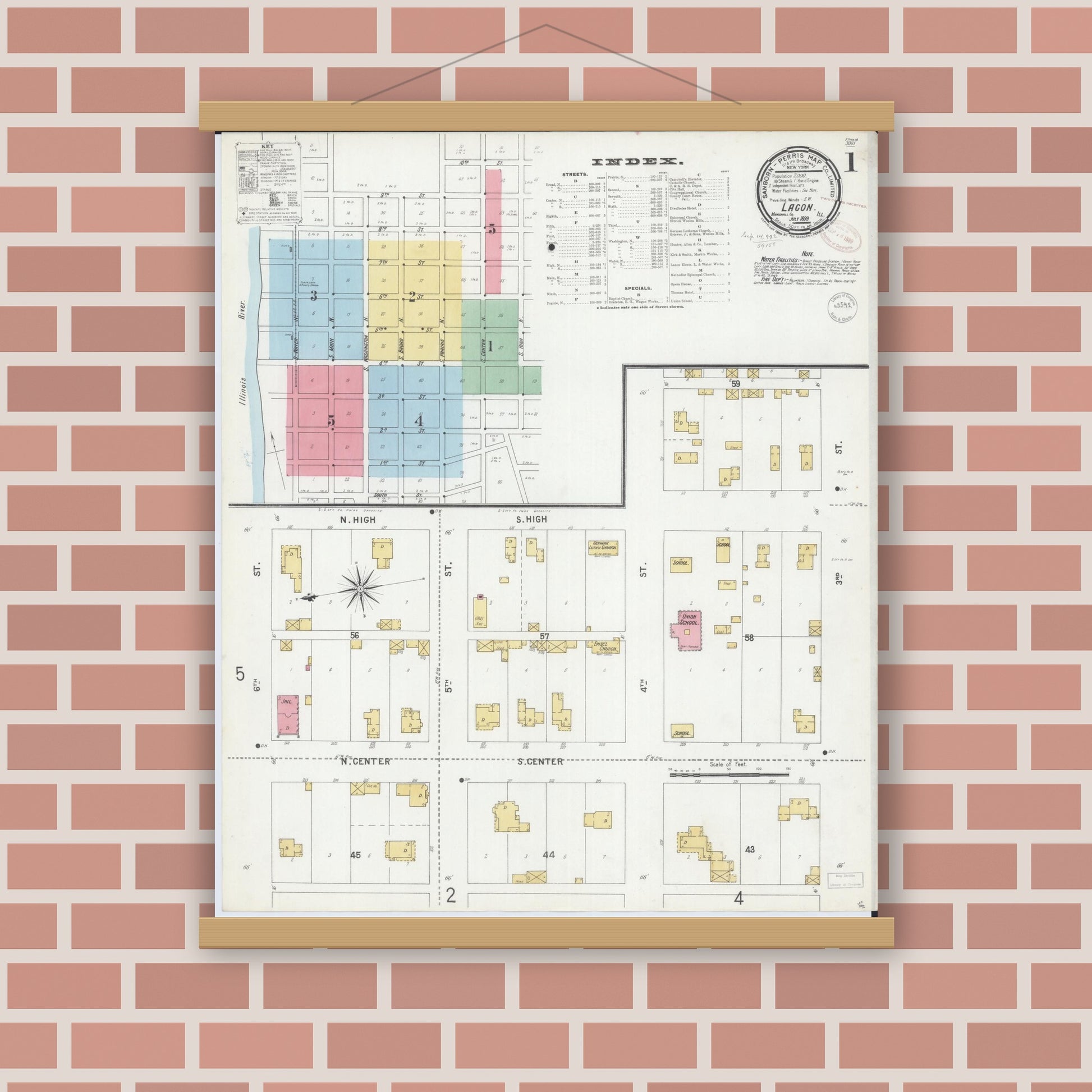 Old map wall art mockup — magnetic wood frame on brick wall — Sanborn Fire Insurance Map from Lacon, Marshall County, Illinois (1899) - Complete Map Set