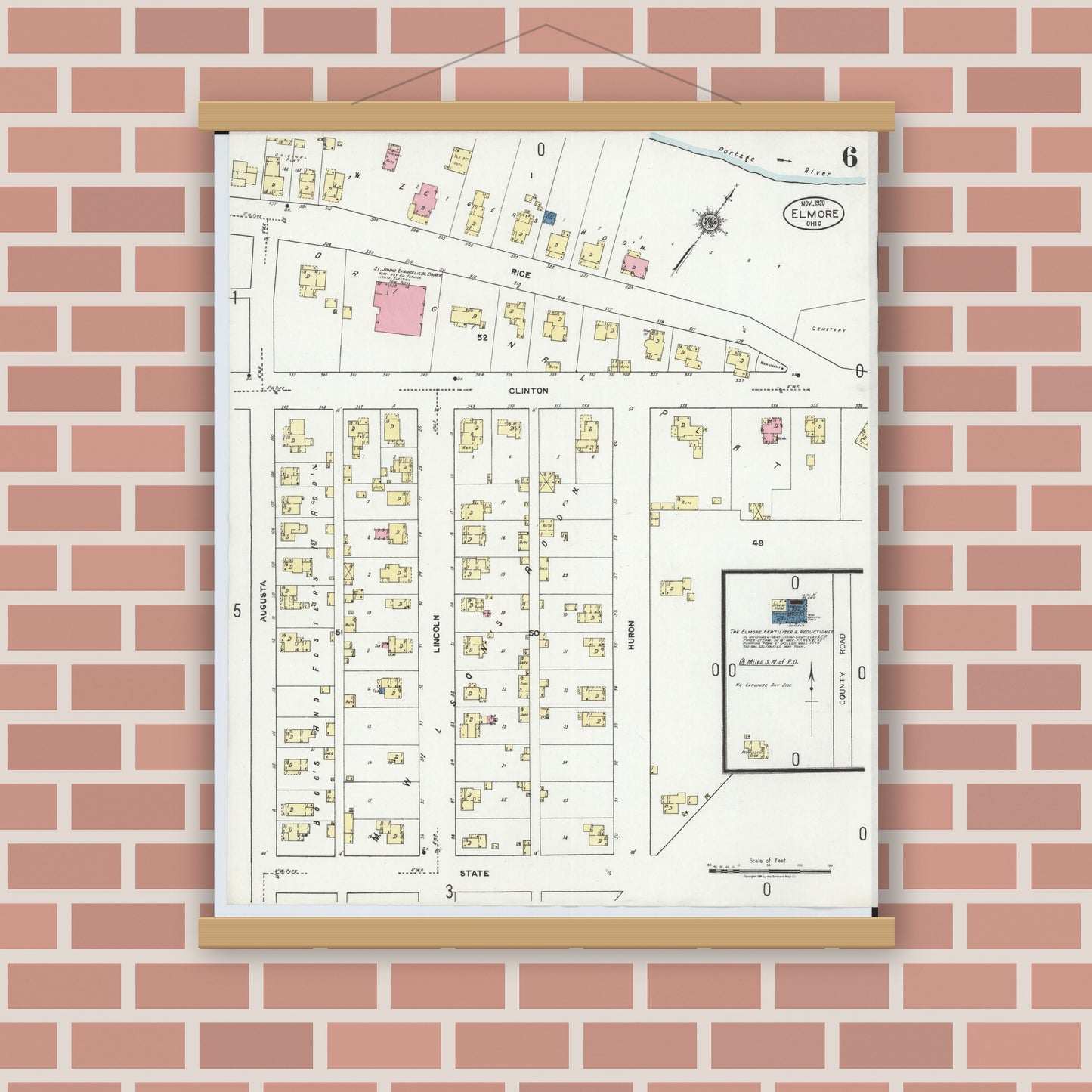 Old map wall art mockup — magnetic wood frame on brick wall — Sanborn Fire Insurance Map from Elmore, Ottawa County, Ohio (1920), Sheet #0006