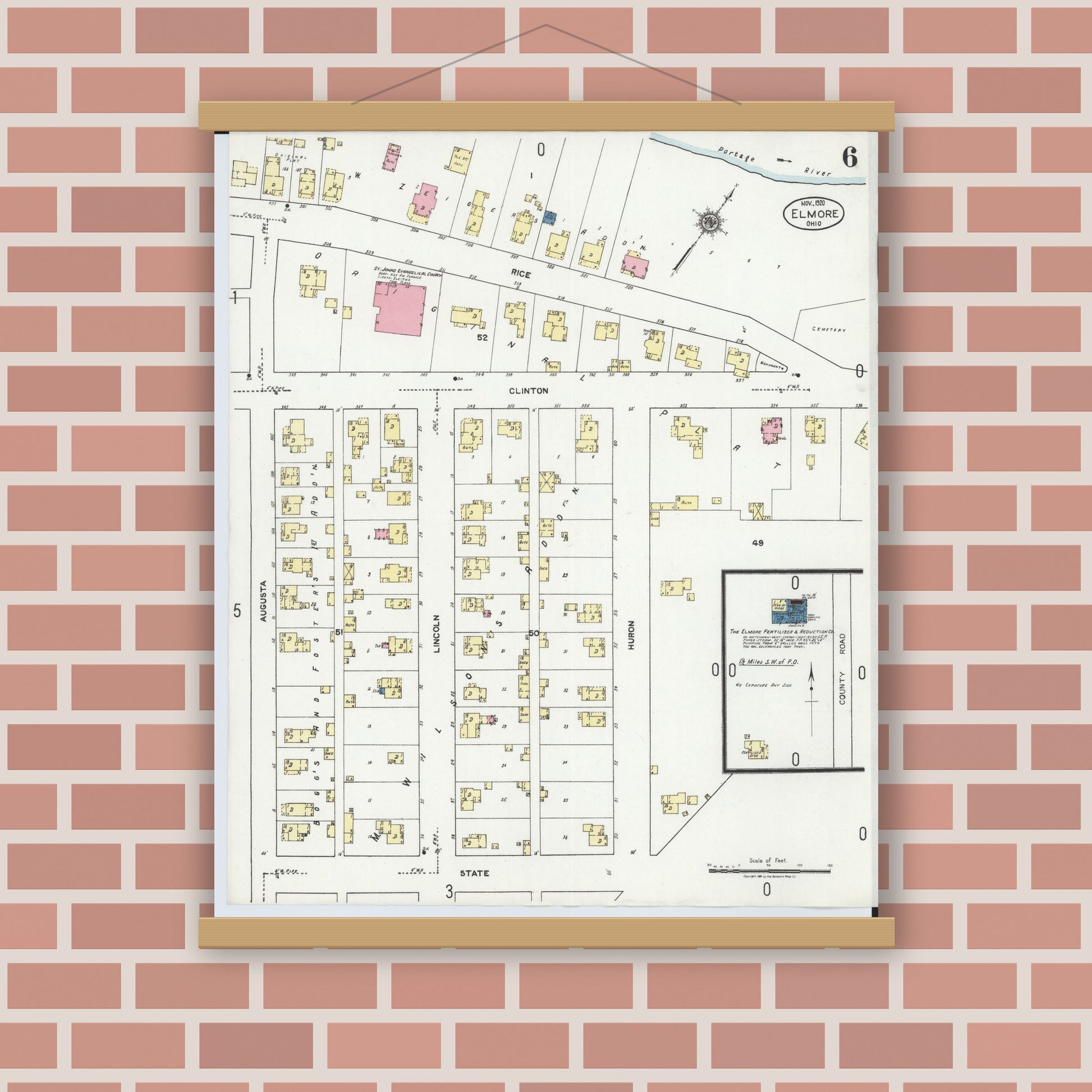 Old map wall art mockup — magnetic wood frame on brick wall — Sanborn Fire Insurance Map from Elmore, Ottawa County, Ohio (1920), Sheet #0006