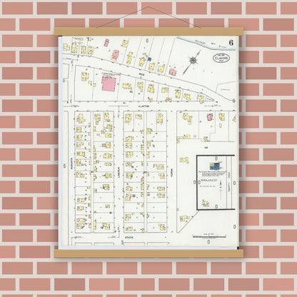 Old map wall art mockup — magnetic wood frame on brick wall — Sanborn Fire Insurance Map from Elmore, Ottawa County, Ohio (1920), Sheet #0006