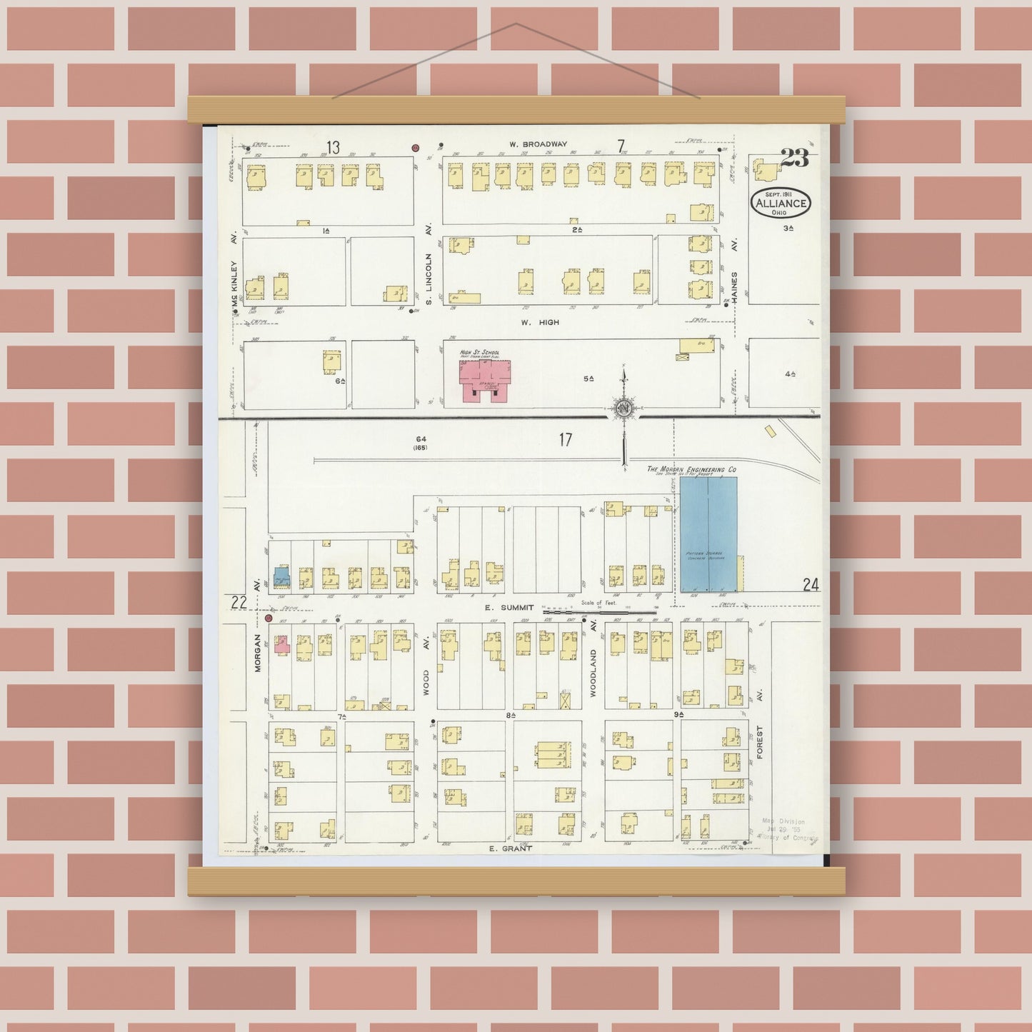 Old map wall art mockup — magnetic wood frame on brick wall — Sanborn Fire Insurance Map from Alliance, Stark County, Ohio (1911), Sheet #0023