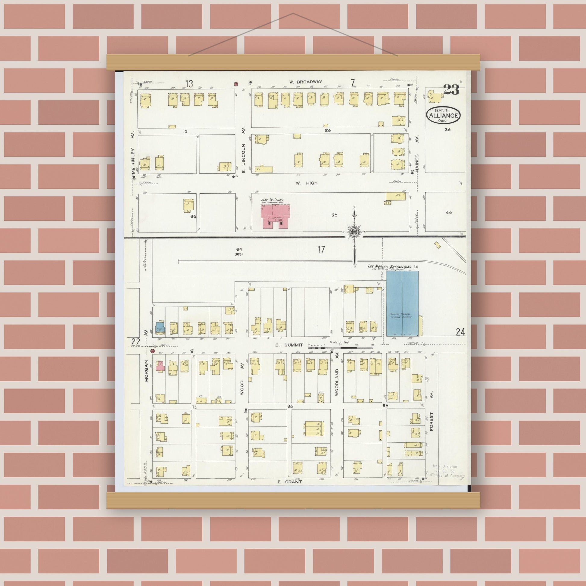 Old map wall art mockup — magnetic wood frame on brick wall — Sanborn Fire Insurance Map from Alliance, Stark County, Ohio (1911), Sheet #0023