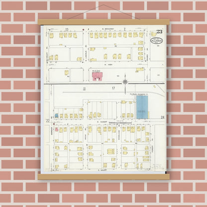 Old map wall art mockup — magnetic wood frame on brick wall — Sanborn Fire Insurance Map from Alliance, Stark County, Ohio (1911), Sheet #0023