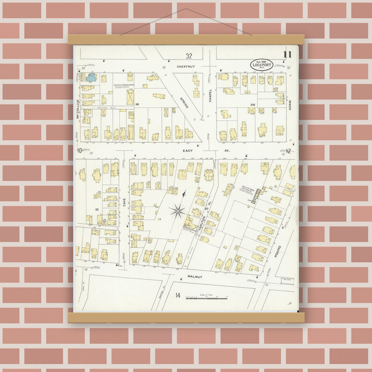 Old map wall art mockup — magnetic wood frame on brick wall — Sanborn Fire Insurance Map from Lockport, Niagara County, New York (1909), Sheet #0011