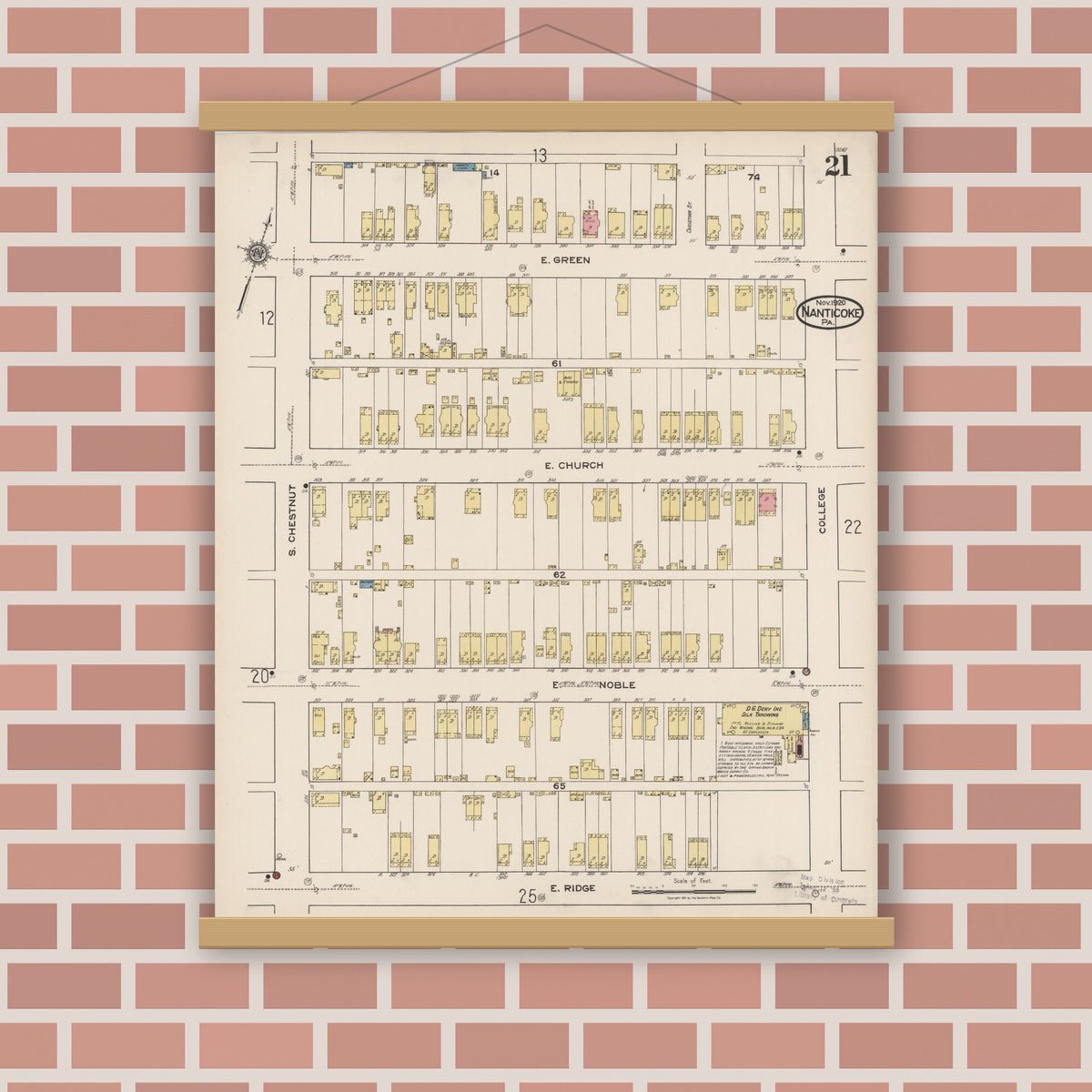 Old map wall art mockup — magnetic wood frame on brick wall — Sanborn Fire Insurance Map from Nanticoke, Luzerne County, Pennsylvania (1920), Sheet #0021