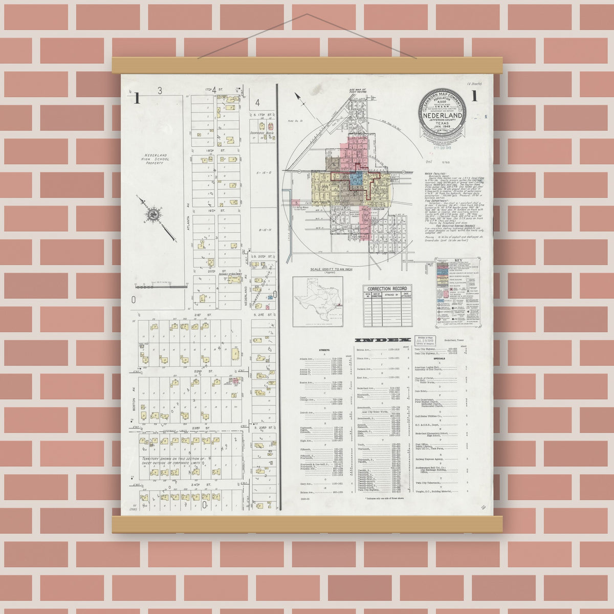 Old map wall art mockup — magnetic wood frame on brick wall — Sanborn Fire Insurance Map from Nederland, Jefferson County, Texas (1949) - Complete Map Set