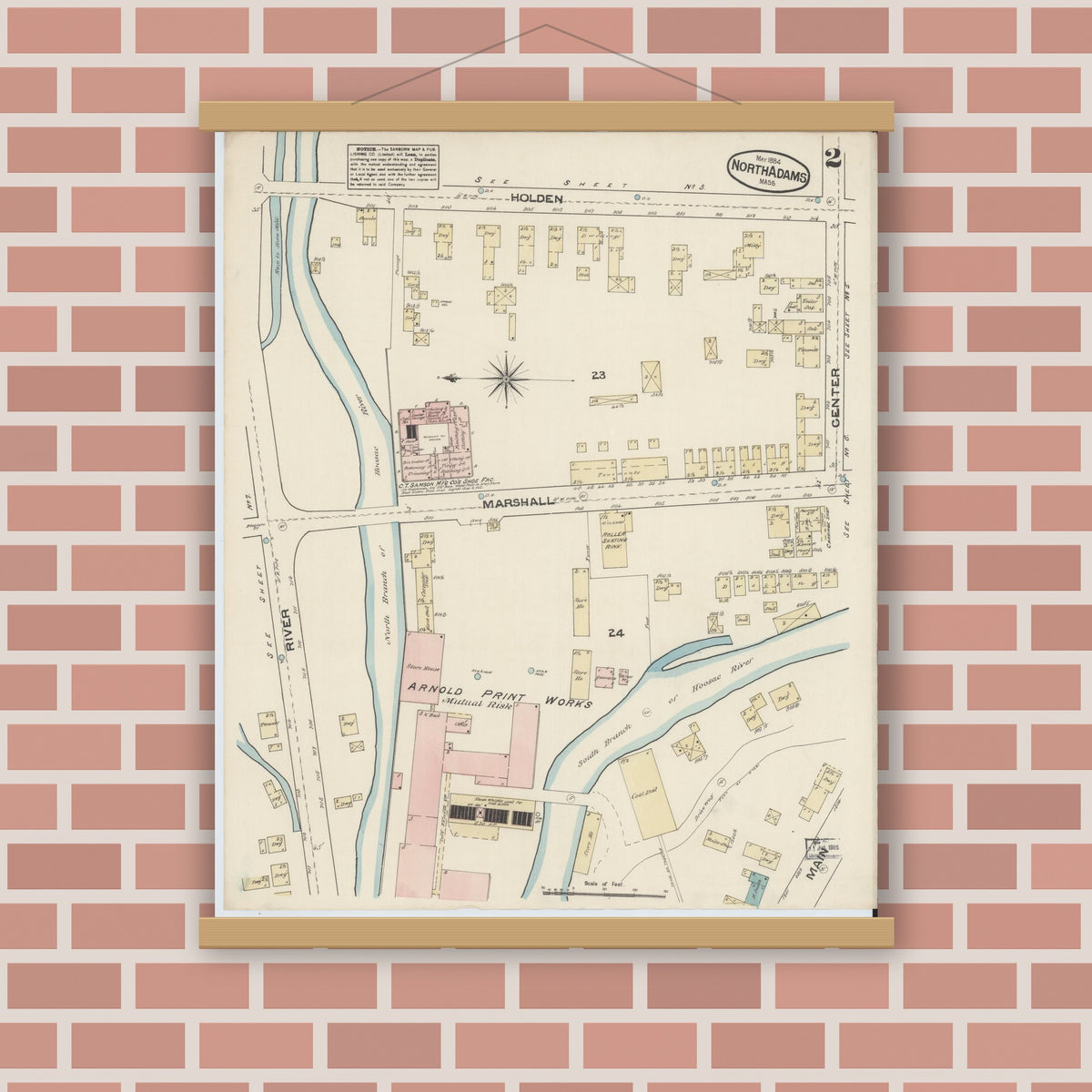 Old map wall art mockup — magnetic wood frame on brick wall — Sanborn Fire Insurance Map from North Adams, Berkshire County, Massachusetts (1884), Sheet #0002