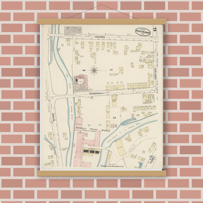 Old map wall art mockup — magnetic wood frame on brick wall — Sanborn Fire Insurance Map from North Adams, Berkshire County, Massachusetts (1884), Sheet #0002