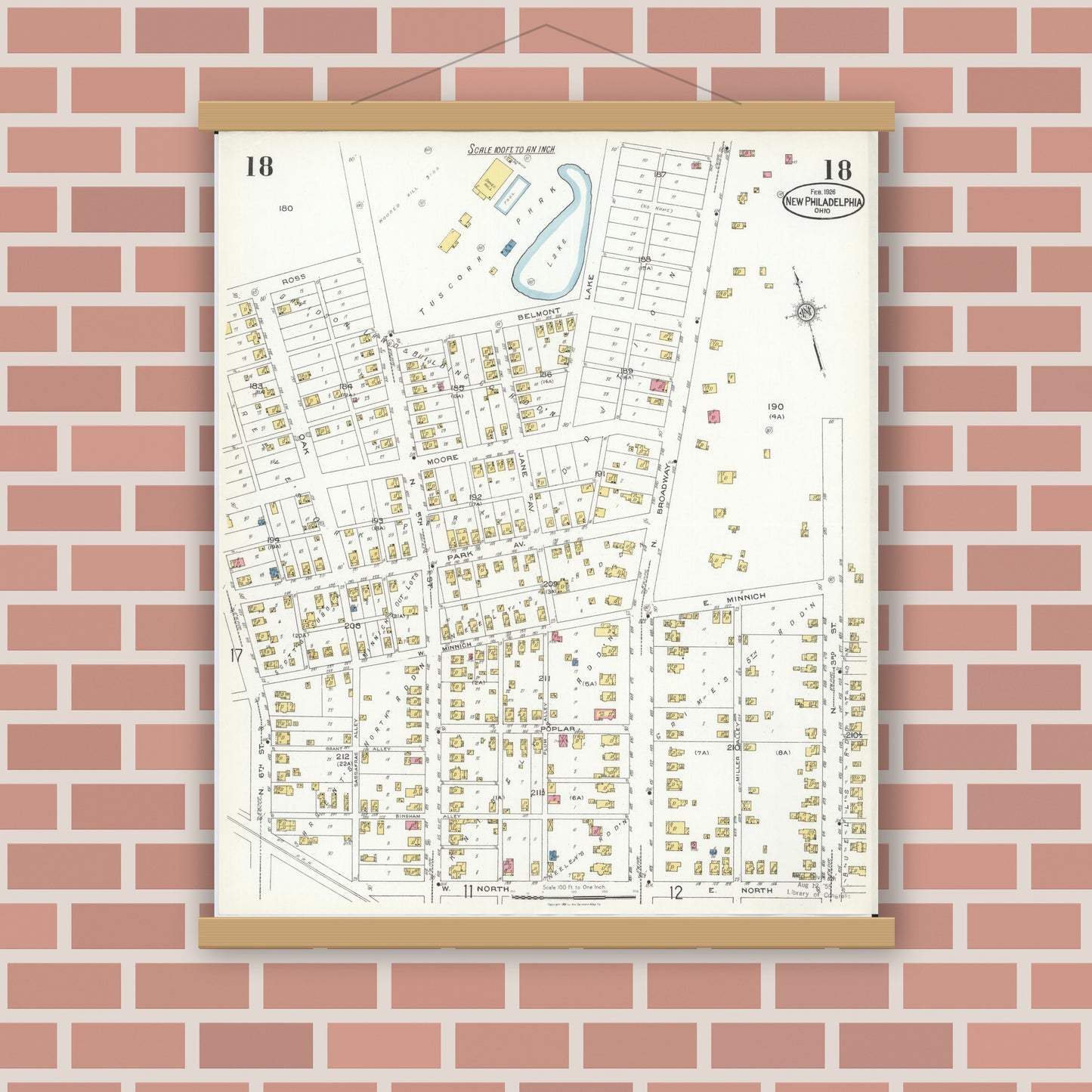 Old map wall art mockup — magnetic wood frame on brick wall — Sanborn Fire Insurance Map from New Philadelphia, Tuscarawas County, Ohio (1926), Sheet #0018