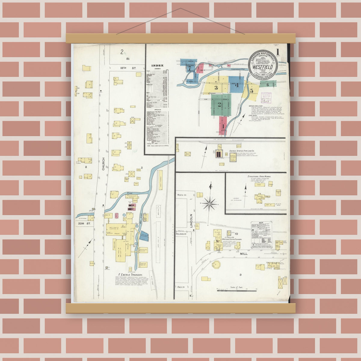 Old map wall art mockup — magnetic wood frame on brick wall — Sanborn Fire Insurance Map from Westfield, Tioga County, Pennsylvania (1907) - Complete Map Set