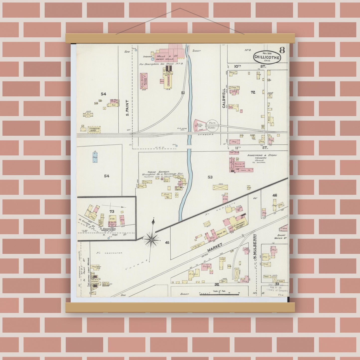 Old map wall art mockup — magnetic wood frame on brick wall — Sanborn Fire Insurance Map from Chillicothe, Ross County, Ohio (1890), Sheet #0008