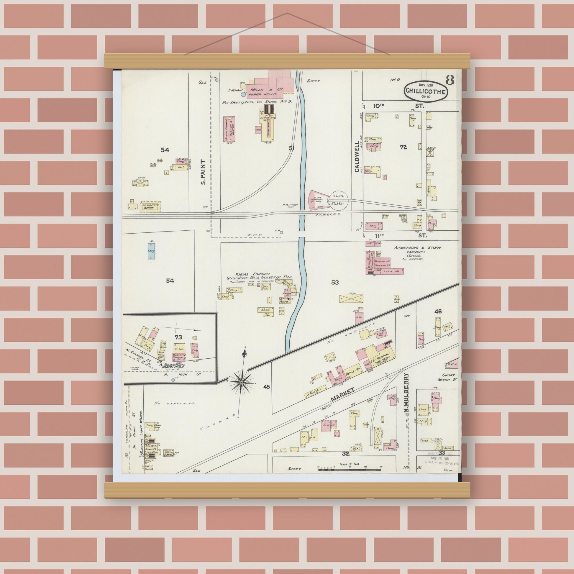 Old map wall art mockup — magnetic wood frame on brick wall — Sanborn Fire Insurance Map from Chillicothe, Ross County, Ohio (1890), Sheet #0008