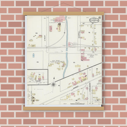 Old map wall art mockup — magnetic wood frame on brick wall — Sanborn Fire Insurance Map from Chillicothe, Ross County, Ohio (1890), Sheet #0008