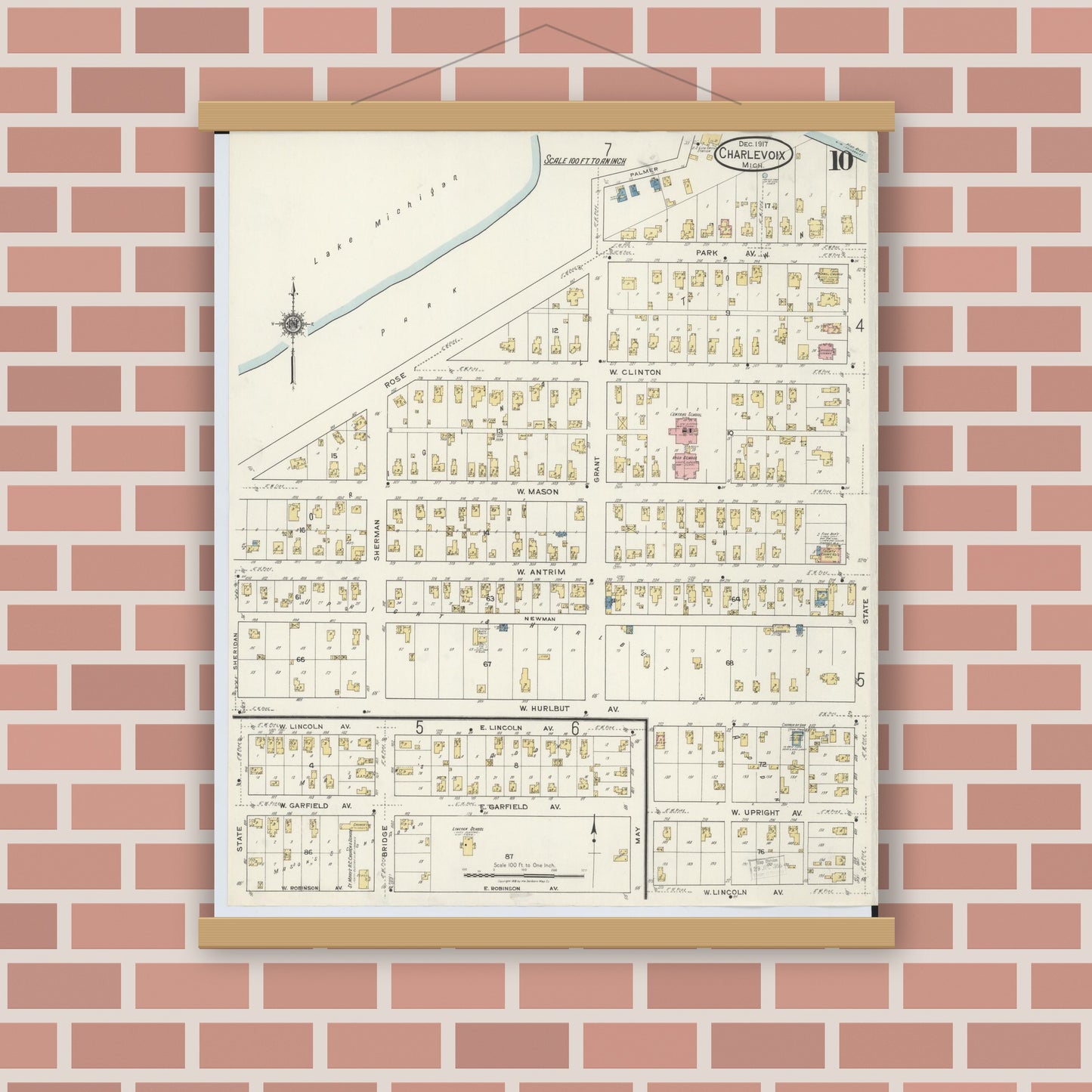 Old map wall art mockup — magnetic wood frame on brick wall — Sanborn Fire Insurance Map from Charlevoix, Charlevoix County, Michigan (1917), Sheet #0010