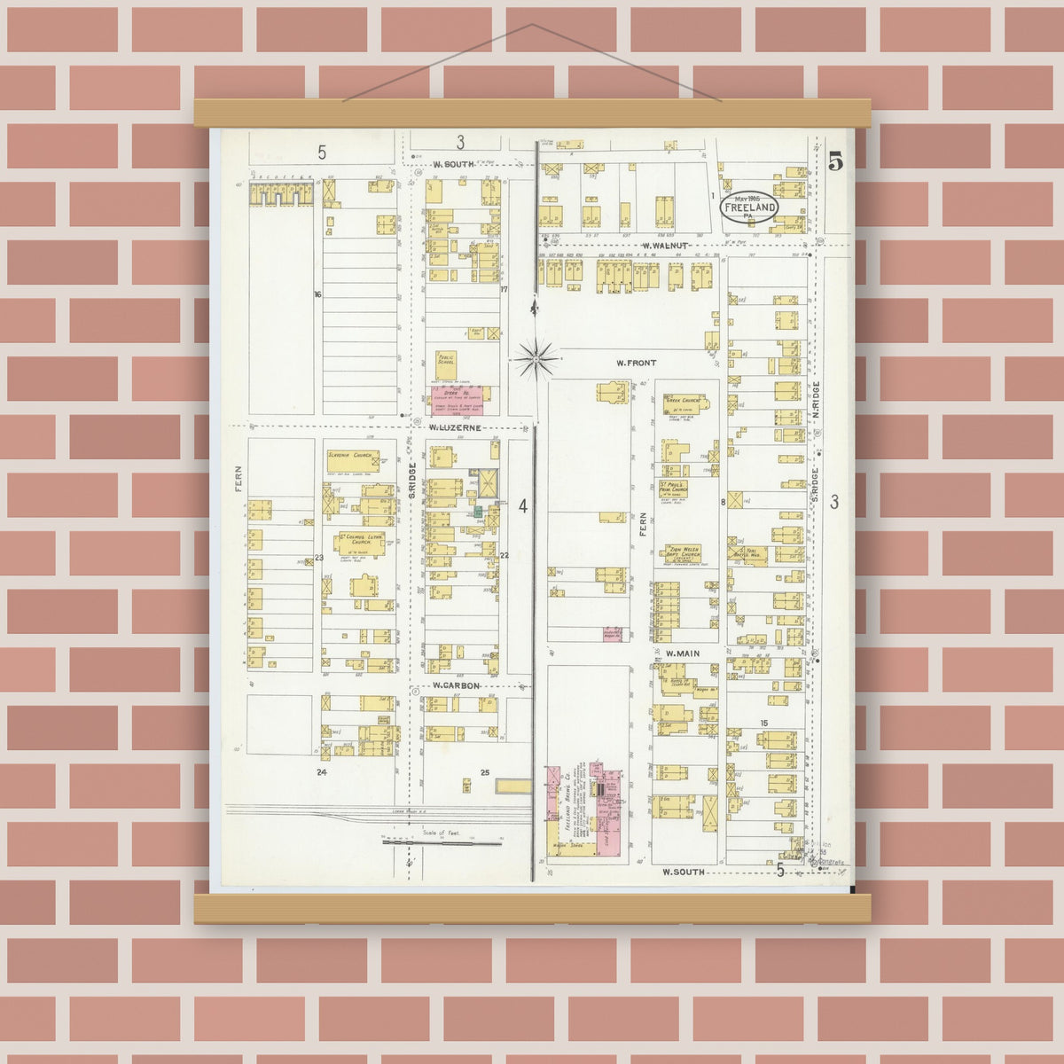 Old map wall art mockup — magnetic wood frame on brick wall — Sanborn Fire Insurance Map from Freeland, Luzerne County, Pennsylvania (1905), Sheet #0005
