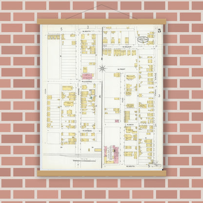 Old map wall art mockup — magnetic wood frame on brick wall — Sanborn Fire Insurance Map from Freeland, Luzerne County, Pennsylvania (1905), Sheet #0005
