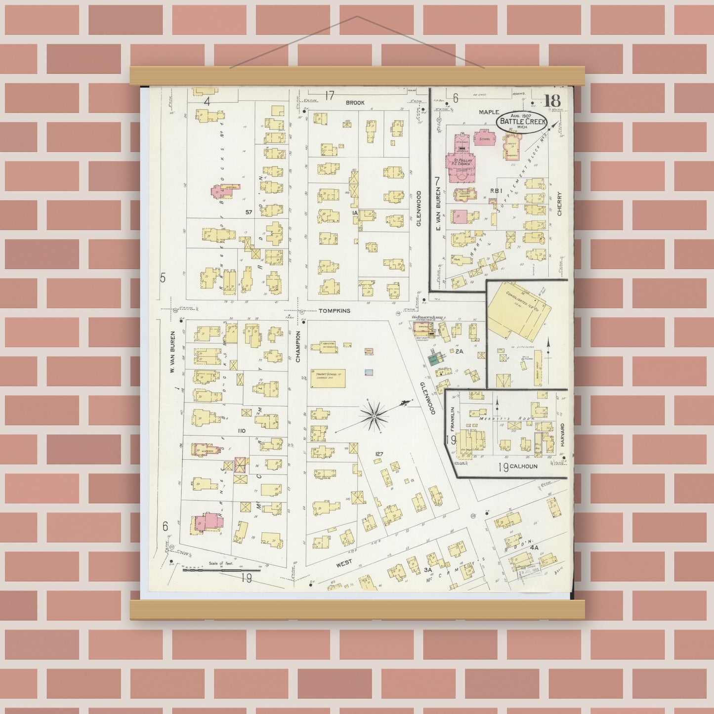 Old map wall art mockup — magnetic wood frame on brick wall — Sanborn Fire Insurance Map from Battle Creek, Calhoun County, Michigan (1907), Sheet #0018