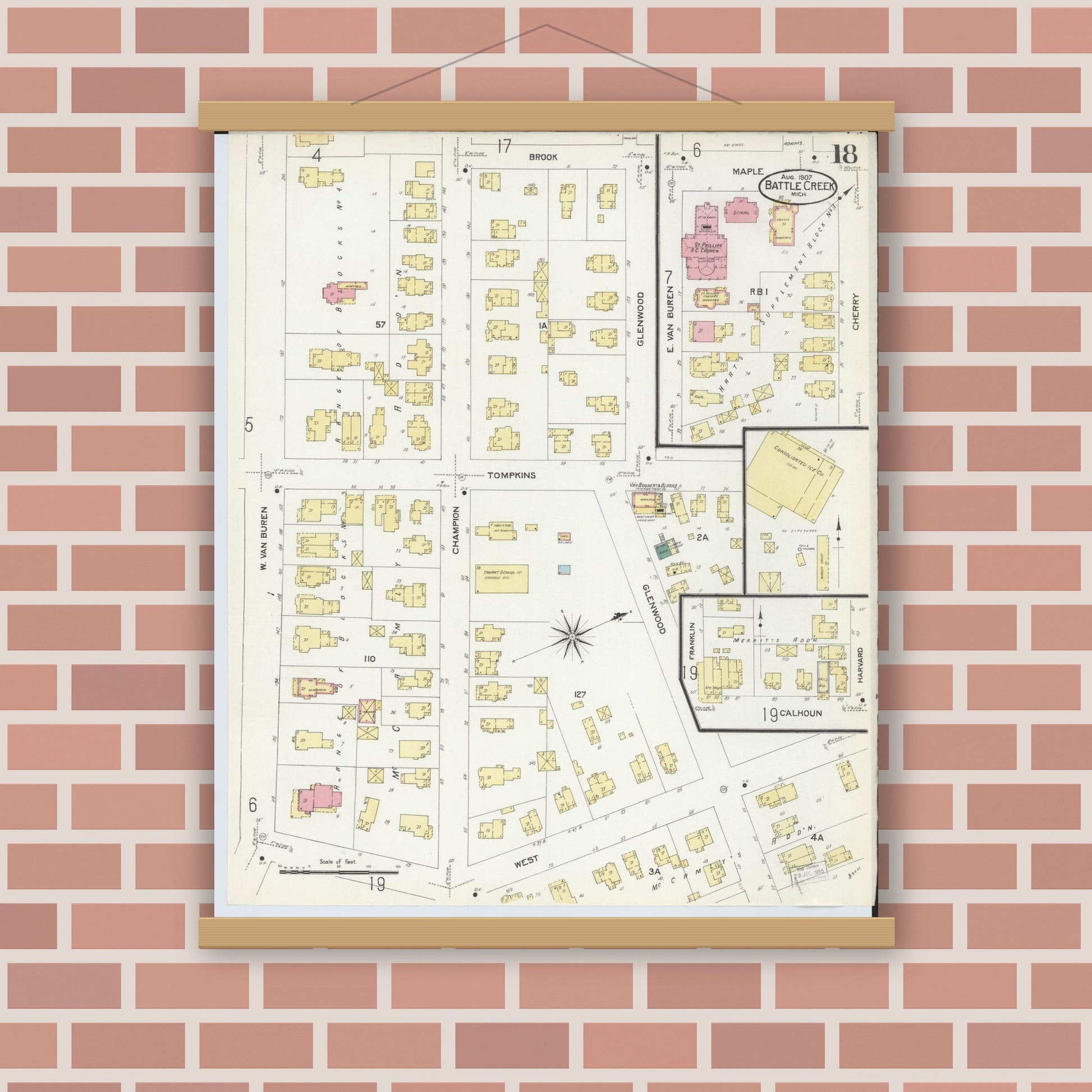Old map wall art mockup — magnetic wood frame on brick wall — Sanborn Fire Insurance Map from Battle Creek, Calhoun County, Michigan (1907), Sheet #0018