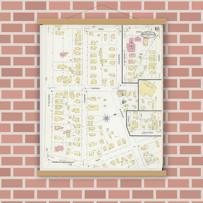 Old map wall art mockup — magnetic wood frame on brick wall — Sanborn Fire Insurance Map from Battle Creek, Calhoun County, Michigan (1907), Sheet #0018
