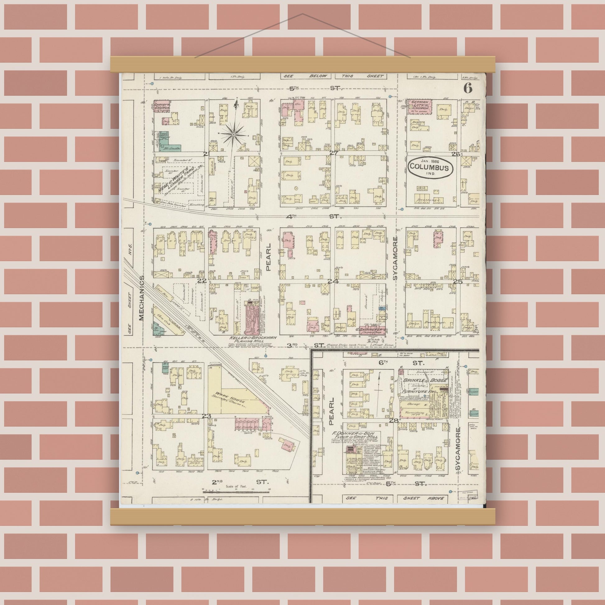 Old map wall art mockup — magnetic wood frame on brick wall — Sanborn Fire Insurance Map from Columbus, Bartholomew County, Indiana (1886), Sheet #0006