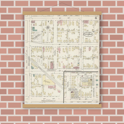 Old map wall art mockup — magnetic wood frame on brick wall — Sanborn Fire Insurance Map from Columbus, Bartholomew County, Indiana (1886), Sheet #0006
