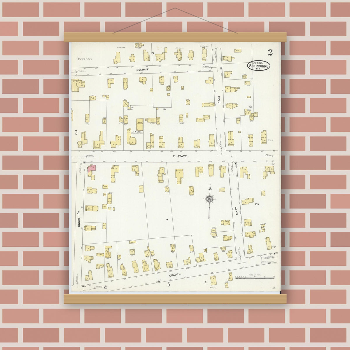 Old map wall art mockup — magnetic wood frame on brick wall — Sanborn Fire Insurance Map from Sherburne, Chenango County, New York (1911), Sheet #0002