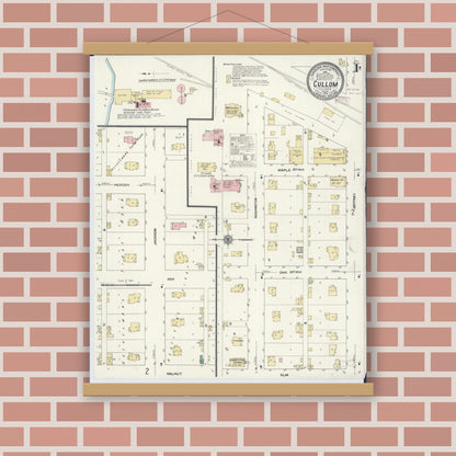 Old map wall art mockup — magnetic wood frame on brick wall — Sanborn Fire Insurance Map from Cullom, Livingston County, Illinois (1910), Sheet #0001