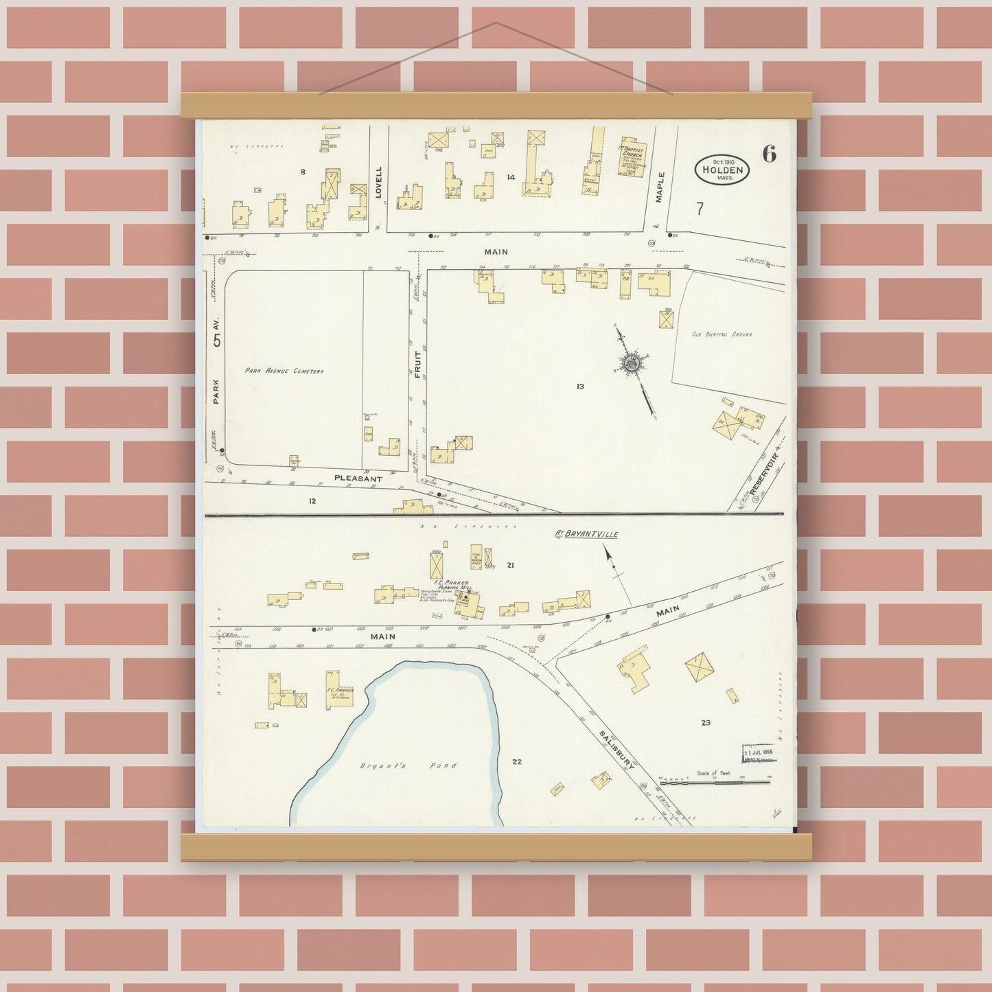 Old map wall art mockup — magnetic wood frame on brick wall — Sanborn Fire Insurance Map from Holden, Worcester County, Massachusetts (1910), Sheet #0006