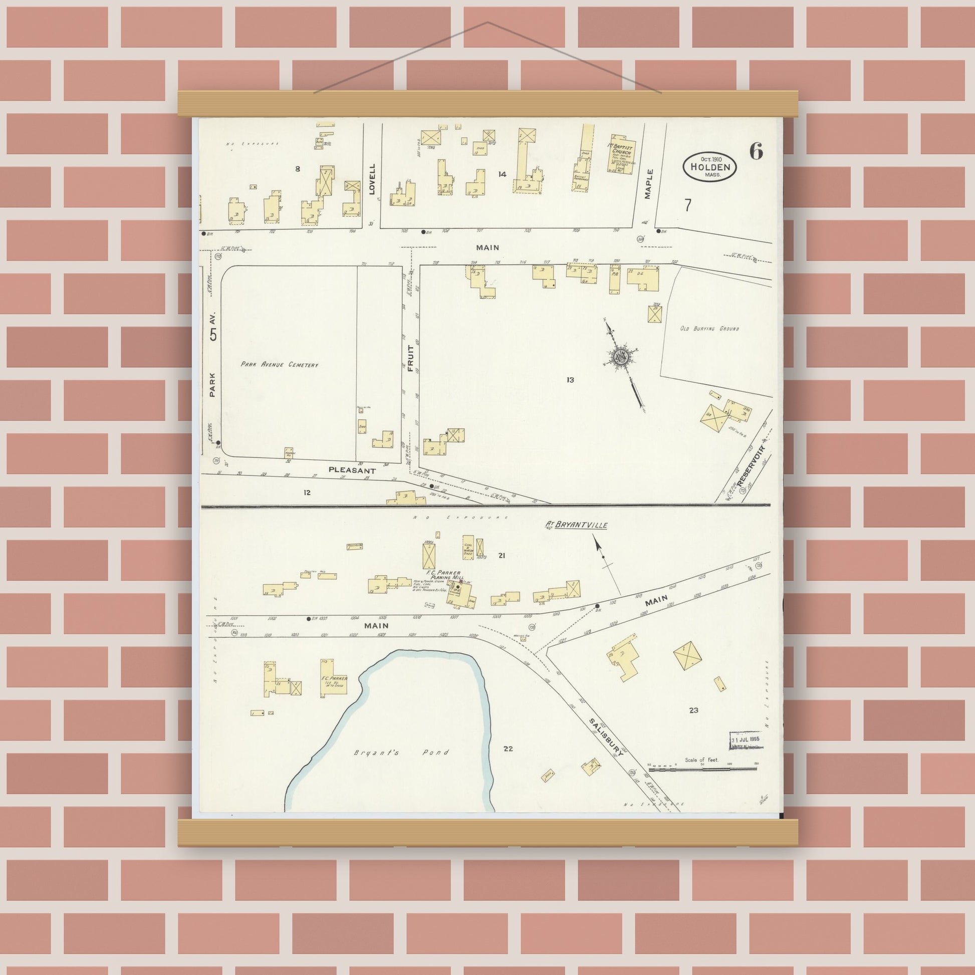 Old map wall art mockup — magnetic wood frame on brick wall — Sanborn Fire Insurance Map from Holden, Worcester County, Massachusetts (1910), Sheet #0006