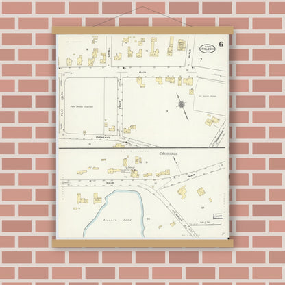Old map wall art mockup — magnetic wood frame on brick wall — Sanborn Fire Insurance Map from Holden, Worcester County, Massachusetts (1910), Sheet #0006