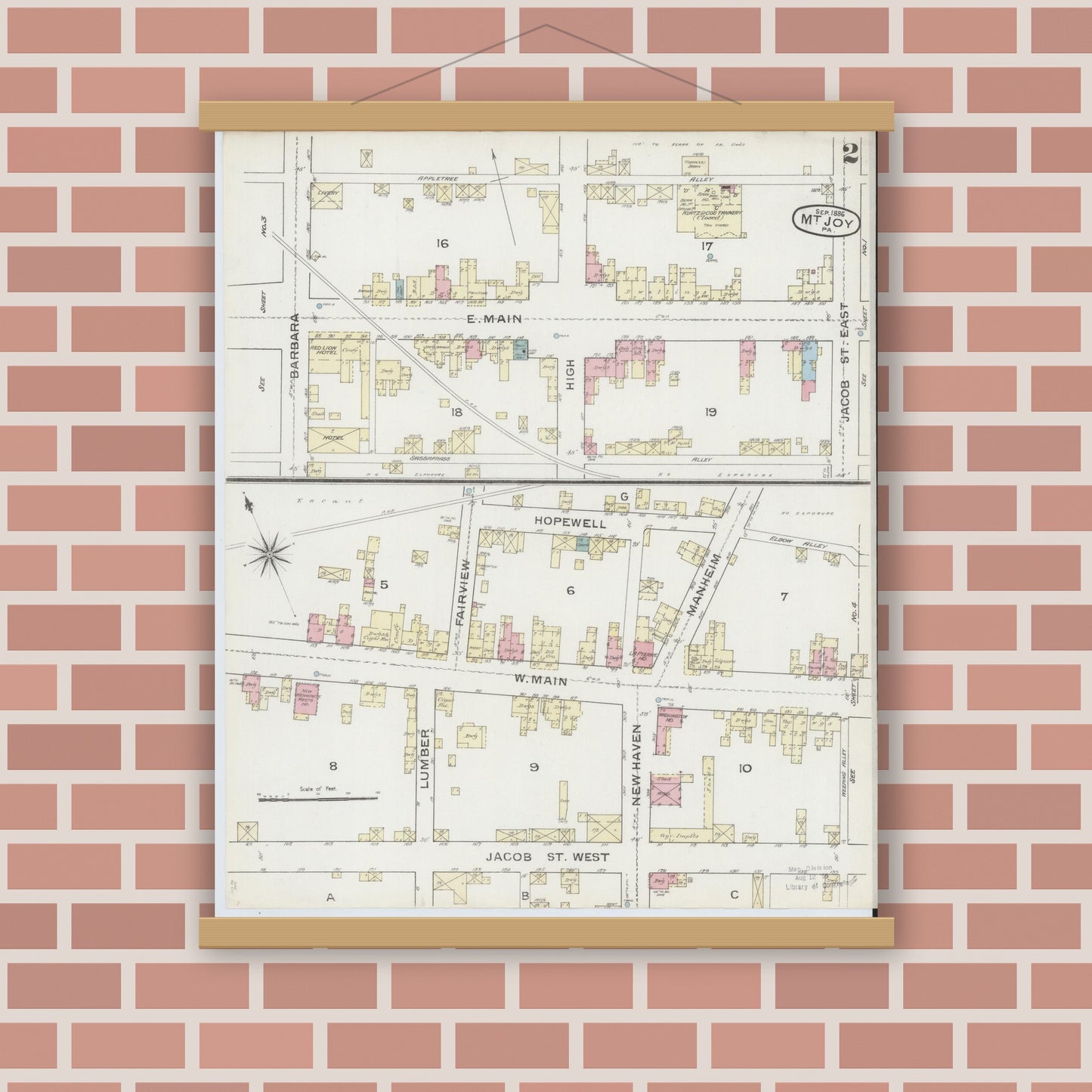 Old map wall art mockup — magnetic wood frame on brick wall — Sanborn Fire Insurance Map from Mount Joy, Lancaster County, Pennsylvania (1886), Sheet #0002