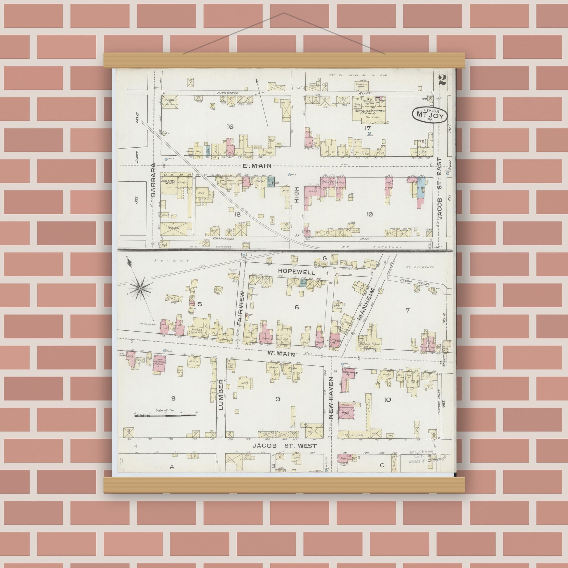 Old map wall art mockup — magnetic wood frame on brick wall — Sanborn Fire Insurance Map from Mount Joy, Lancaster County, Pennsylvania (1886), Sheet #0002