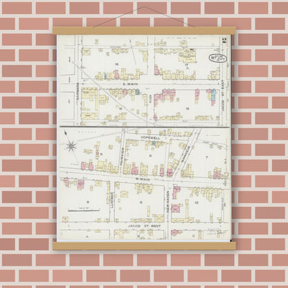 Old map wall art mockup — magnetic wood frame on brick wall — Sanborn Fire Insurance Map from Mount Joy, Lancaster County, Pennsylvania (1886), Sheet #0002