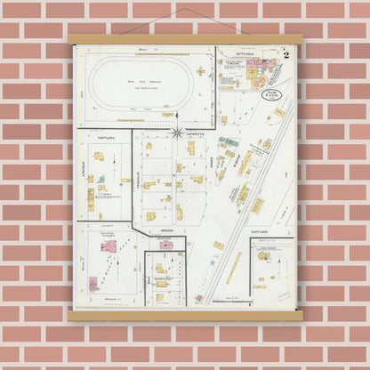 Old map wall art mockup — magnetic wood frame on brick wall — Sanborn Fire Insurance Map from Avon, Fulton County, Illinois (1906), Sheet #0002