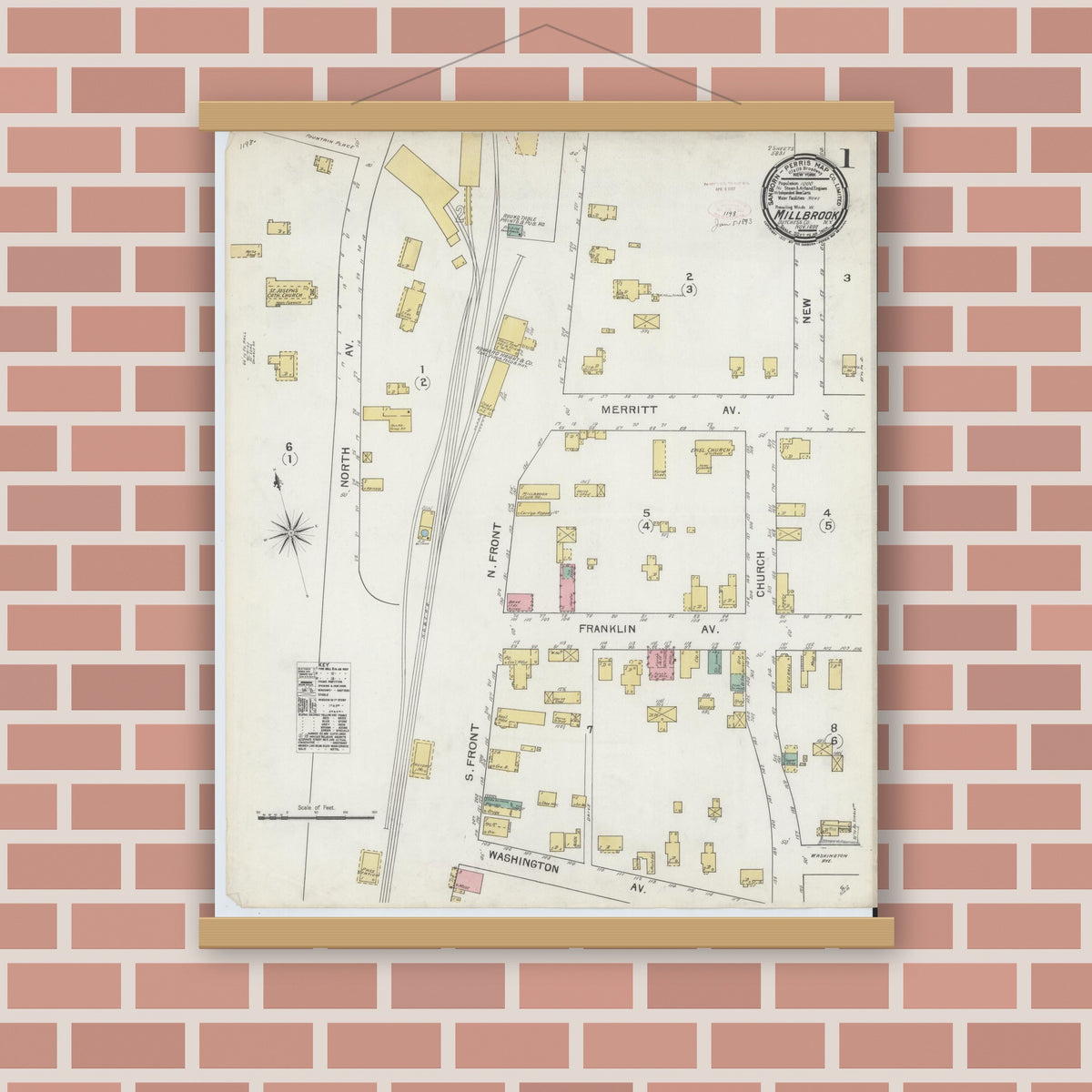 Old map wall art mockup — magnetic wood frame on brick wall — Sanborn Fire Insurance Map from Millbrook, Dutchess County, New York (1892), Sheet #0001