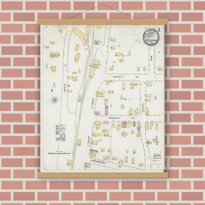 Old map wall art mockup — magnetic wood frame on brick wall — Sanborn Fire Insurance Map from Millbrook, Dutchess County, New York (1892), Sheet #0001