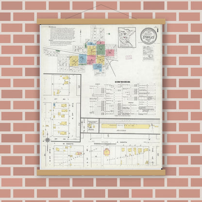Old map wall art mockup — magnetic wood frame on brick wall — Sanborn Fire Insurance Map from Staples, Todd County, Minnesota (1916) - Complete Map Set