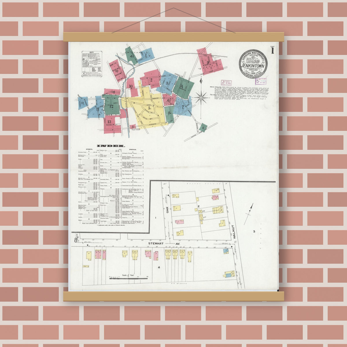 Old map wall art mockup — magnetic wood frame on brick wall — Sanborn Fire Insurance Map from Jenkintown, Montgomery County, Pennsylvania (1909) - Complete Map Set