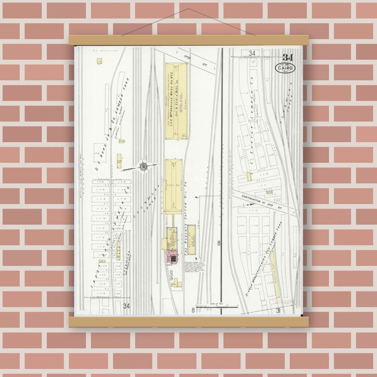 Old map wall art mockup — magnetic wood frame on brick wall — Sanborn Fire Insurance Map from Cairo, Alexander County, Illinois (1914), Sheet #0034