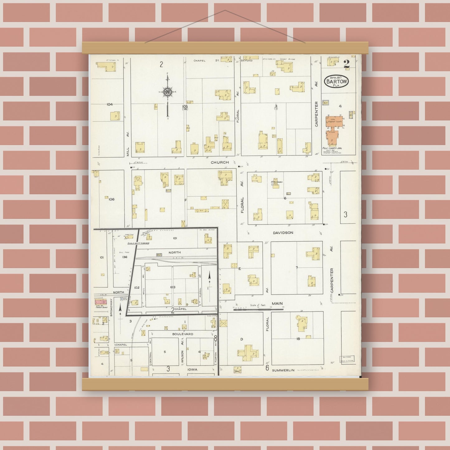 Old map wall art mockup — magnetic wood frame on brick wall — Sanborn Fire Insurance Map from Bartow, Polk County, Florida (1917), Sheet #0002