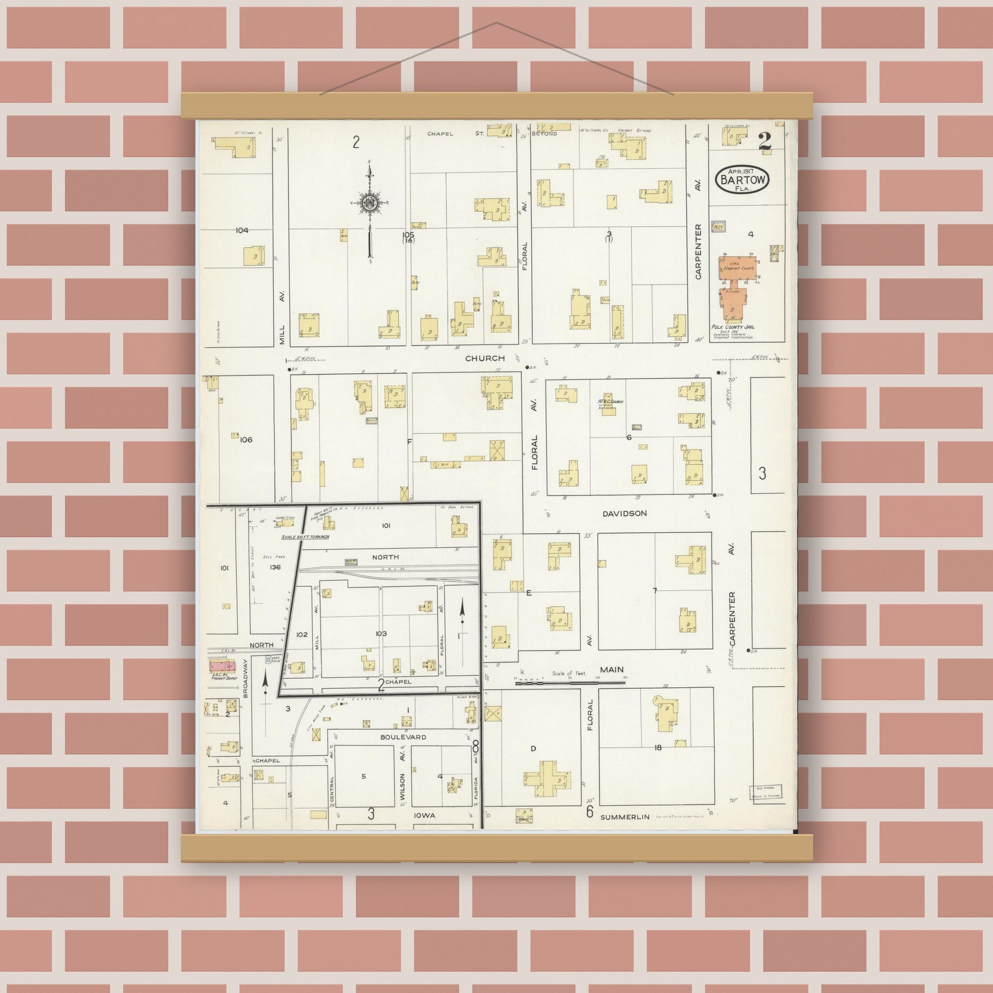 Old map wall art mockup — magnetic wood frame on brick wall — Sanborn Fire Insurance Map from Bartow, Polk County, Florida (1917), Sheet #0002