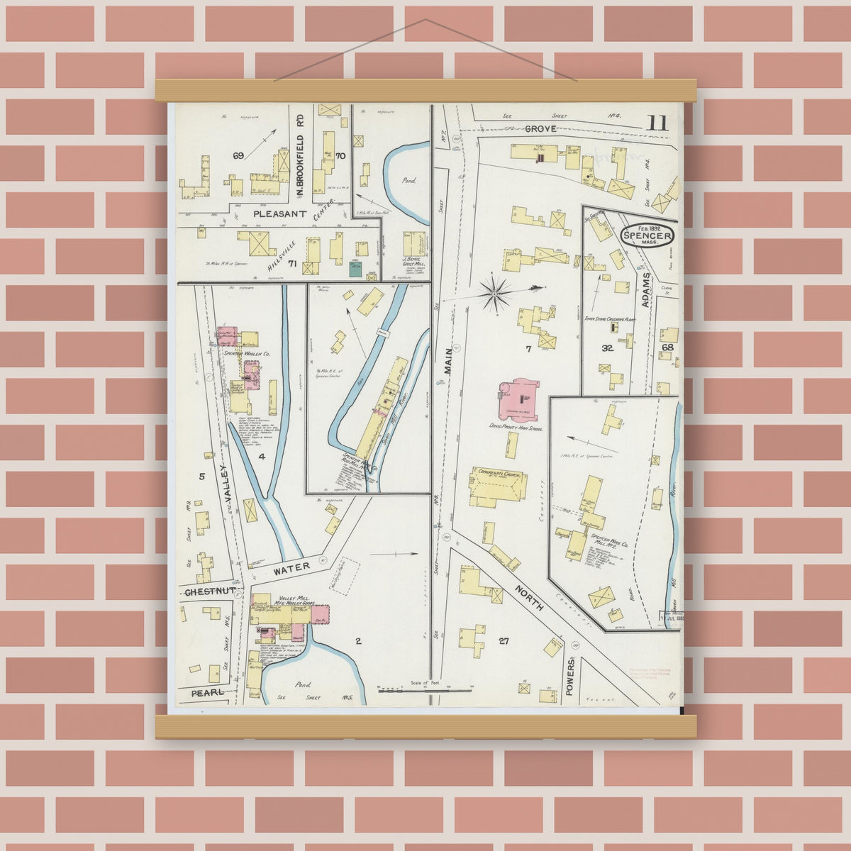 Old map wall art mockup — magnetic wood frame on brick wall — Sanborn Fire Insurance Map from Spencer, Worcester County, Massachusetts (1892), Sheet #0011