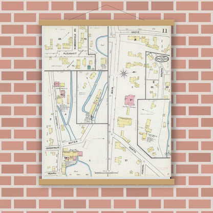 Old map wall art mockup — magnetic wood frame on brick wall — Sanborn Fire Insurance Map from Spencer, Worcester County, Massachusetts (1892), Sheet #0011