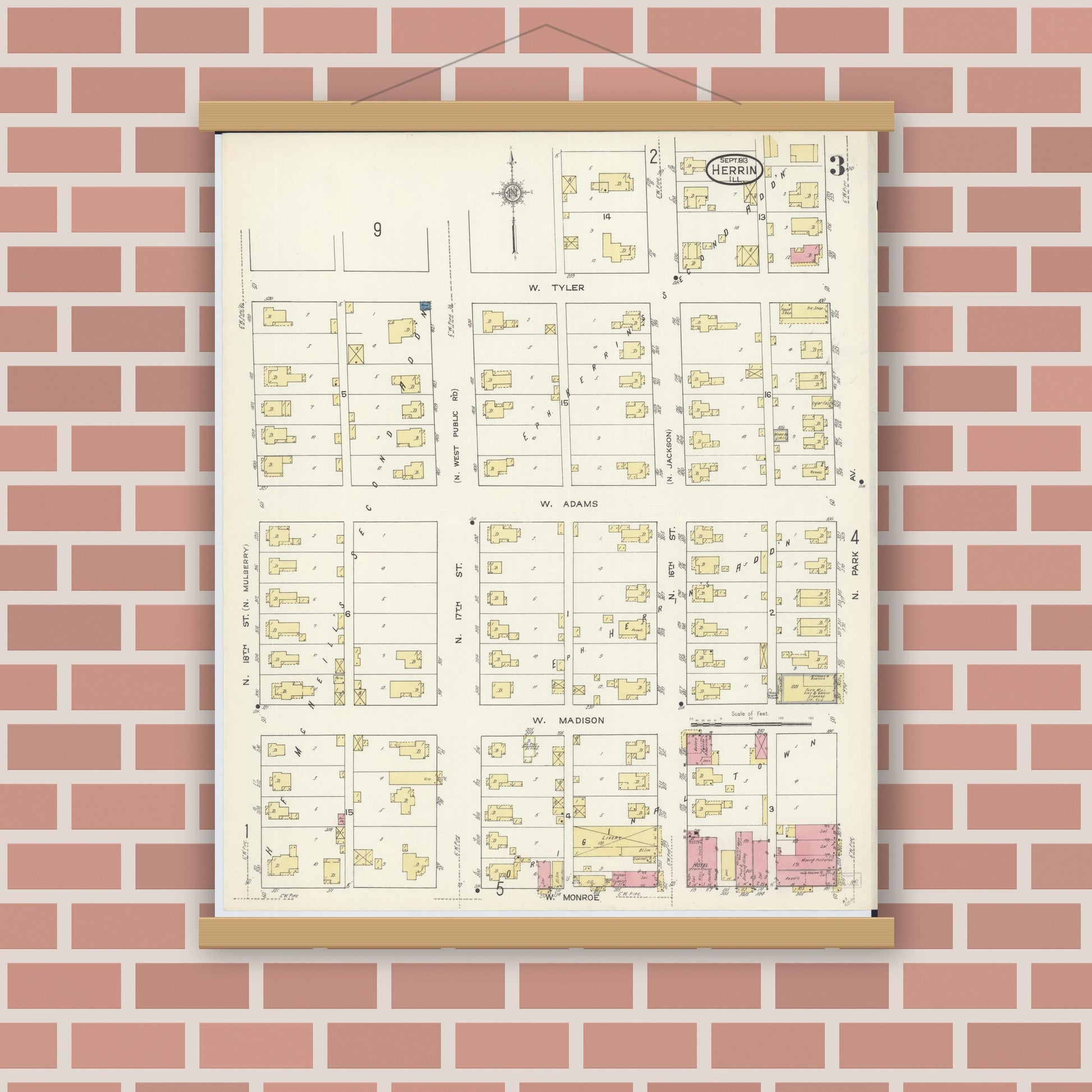 Old map wall art mockup — magnetic wood frame on brick wall — Sanborn Fire Insurance Map from Herrin, Williamson County, Illinois (1913), Sheet #0003