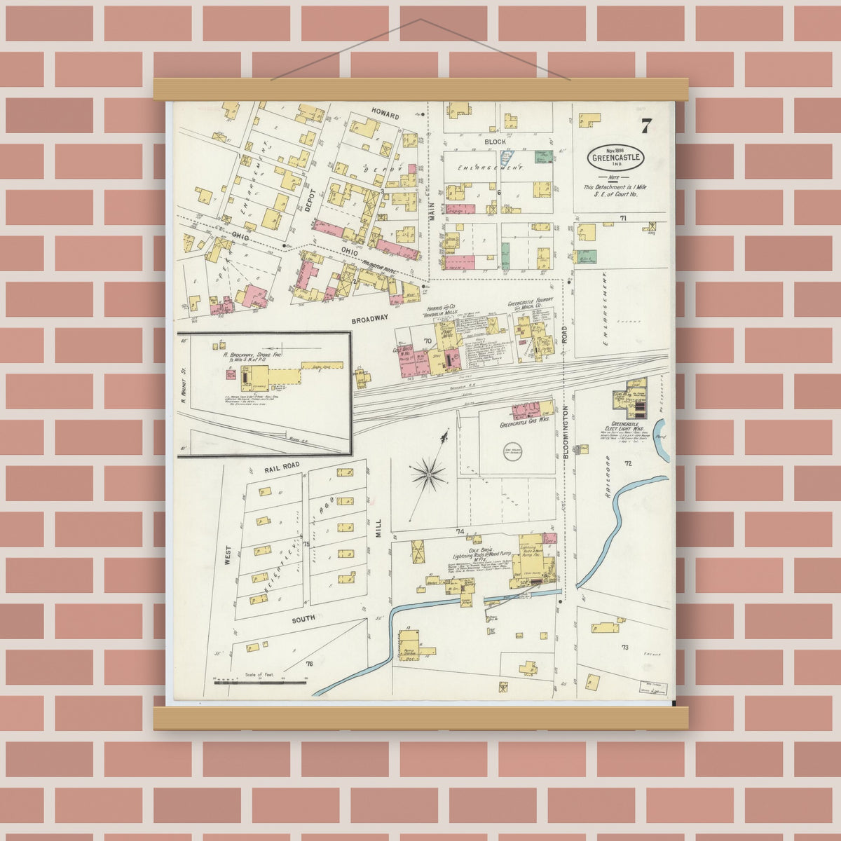 Old map wall art mockup — magnetic wood frame on brick wall — Sanborn Fire Insurance Map from Greencastle, Putnam County, Indiana (1898), Sheet #0007